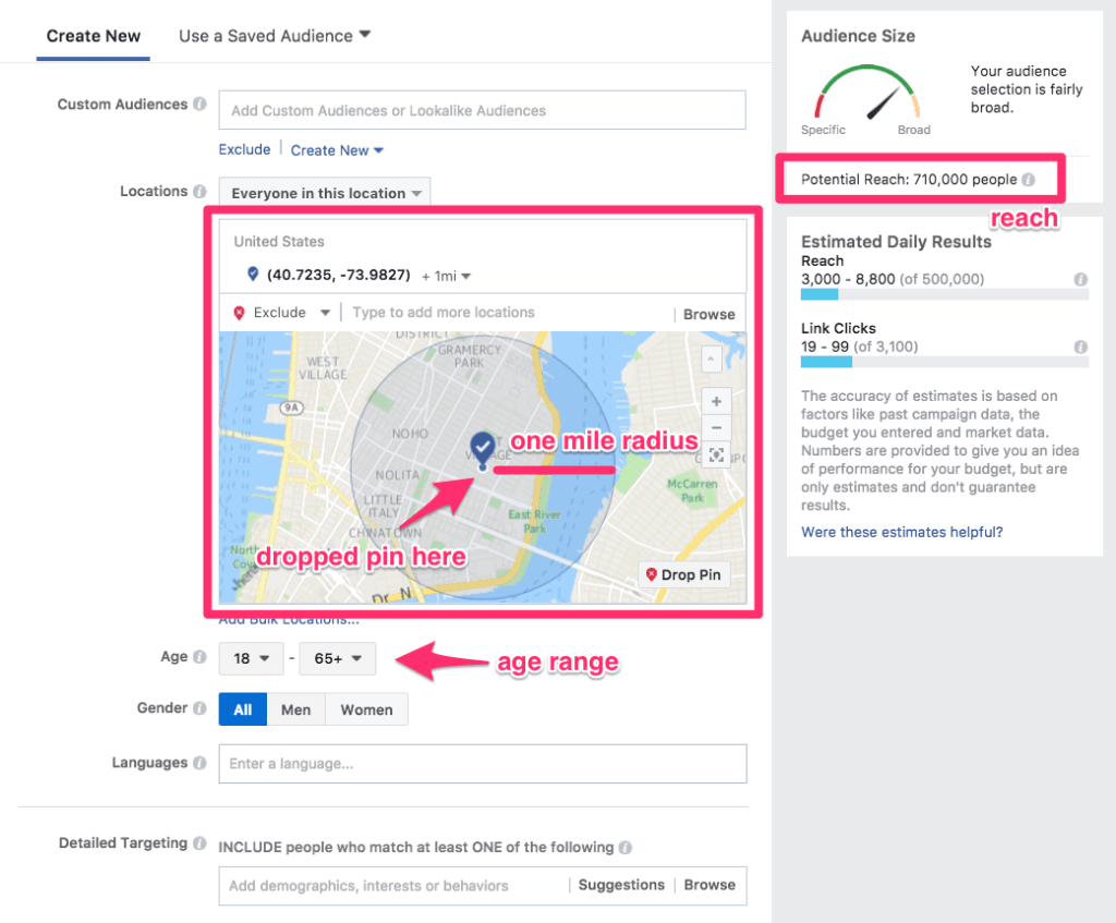 Facebook Ads audience setup on Hook Agency: map with 1-mile radius pin, age selector, and 710K estimated reach shown.