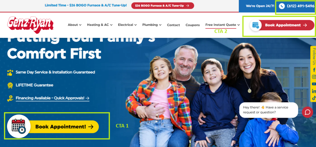 A family of five and their dog sit on a porch. Gen-Ryan logo top left. Clear CTAs: Book Appointment, special offers, chat, contact info.