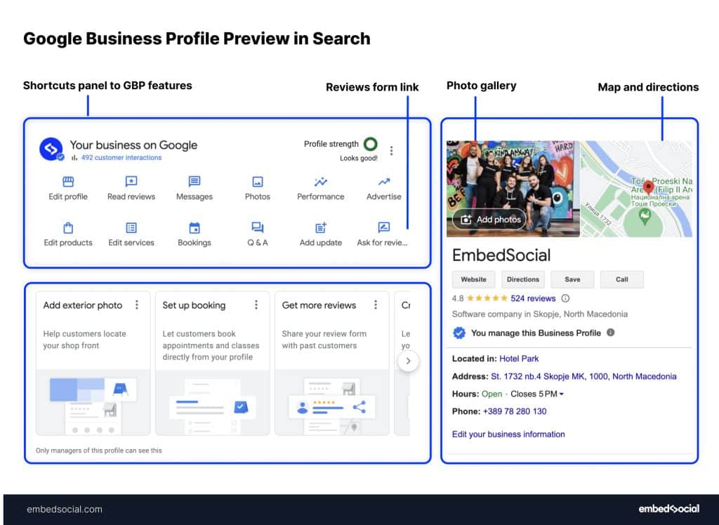 Google Business Profile Preview in Search on Hook Agency’s site, with quick links to features, reviews, photos, map and business info.