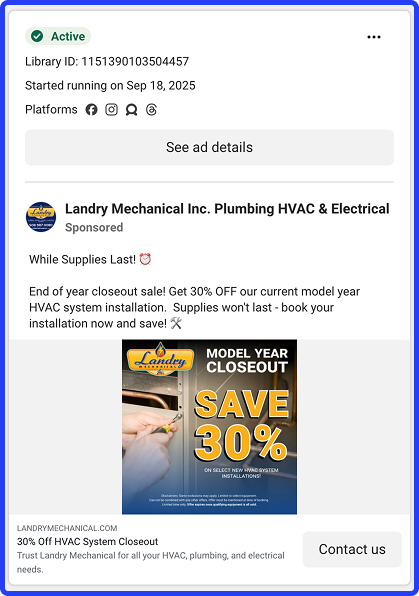 Facebook ad with bold text and yellow banner offers 30% off HVAC installs, urging users to book now before supplies run out.