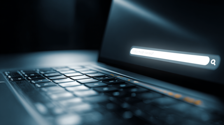 Close-up of laptop keyboard with glowing search bar, illustrating the risks of poor online visibility for your business.