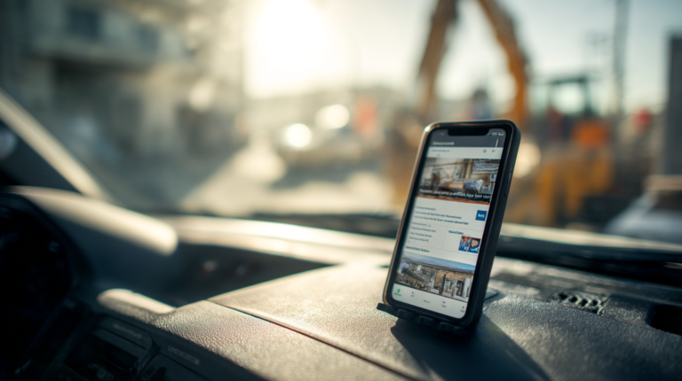 Smartphone in black case on car dashboard shows news site; construction gear and sunlight highlight mobile UX issues for home services.