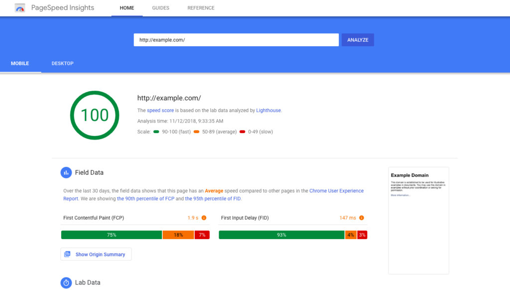 PageSpeed Insights screenshot on Hook Agency: example.com scores 100. Graphs show key metrics—FCP, FID, Field and Lab Data.