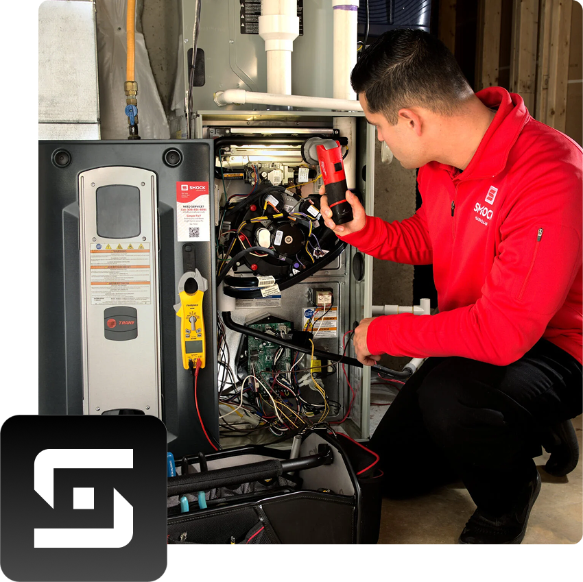 Technician in red shirt tests furnace wiring with meter and flashlight; tool bag and Hook Agency logo promote a free website audit.