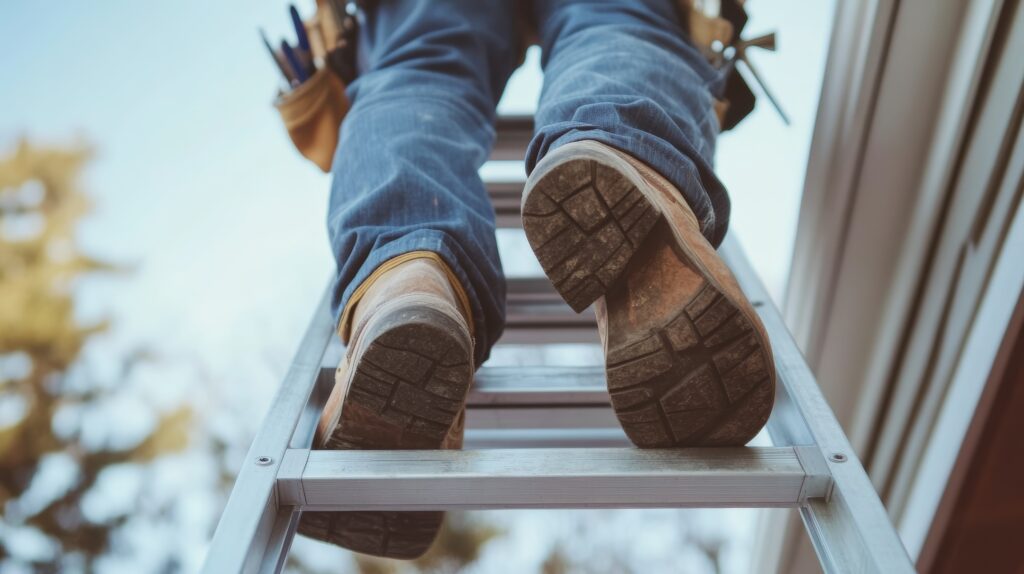 A person in work boots and jeans climbs an outdoor ladder, toolbelt on waist—symbolizing Hook Agency’s drive to reach #1 on Google.