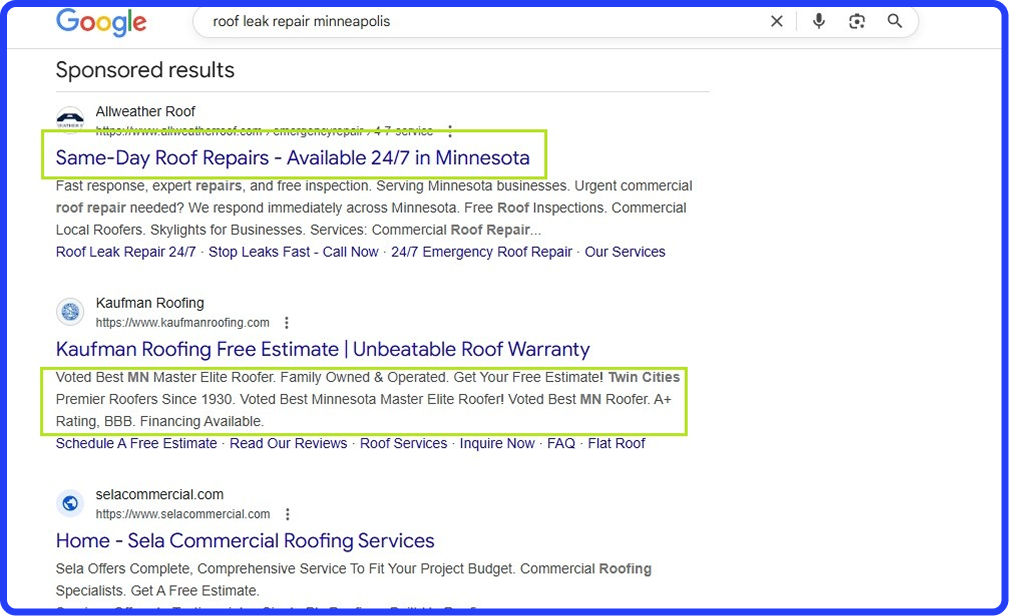 Screenshot of Google results for "roof leak repair minneapolis," showing roofing ads and illustrating competitive Google Ads CPL.