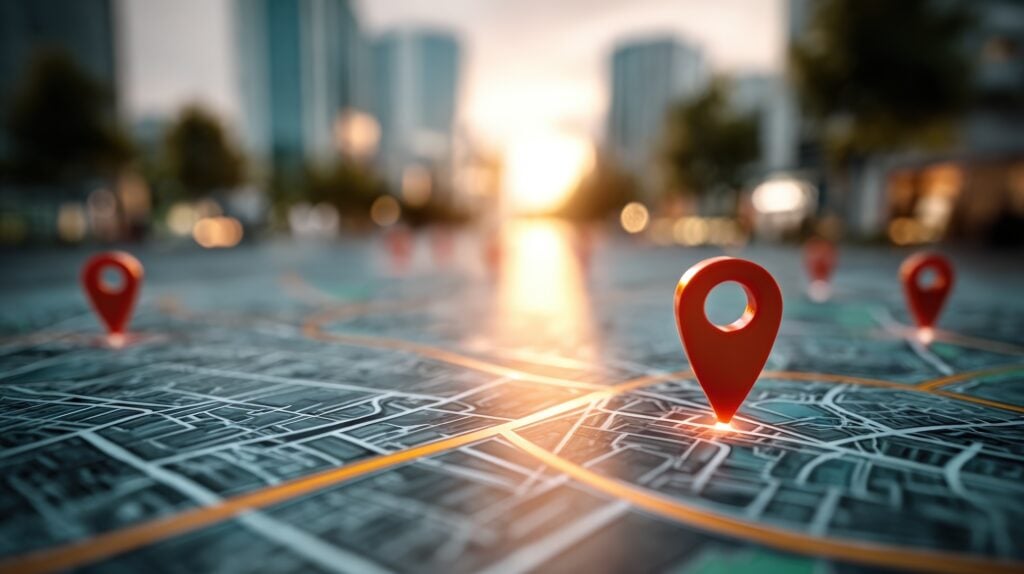 City map close-up with red location pins on a blurred urban background, illustrating statewide vs. local marketing strategies.