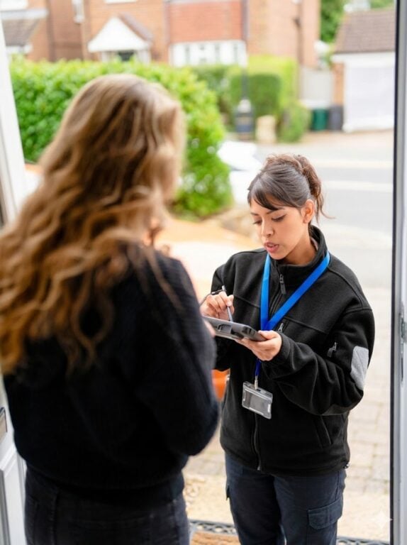 A delivery worker offers a free website audit at a client's doorstep, holding a tablet and ID while discussing services.