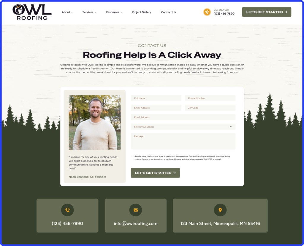Screenshot of Owl Roofing’s contact page on Hook Agency’s site, featuring a forest silhouette, team photo, form, and contact info.