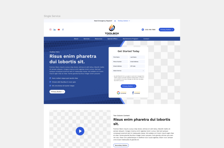 Hook Agency service page template with blue-white theme, navbar, CTA form, star ratings, action buttons, and text/video layout.
