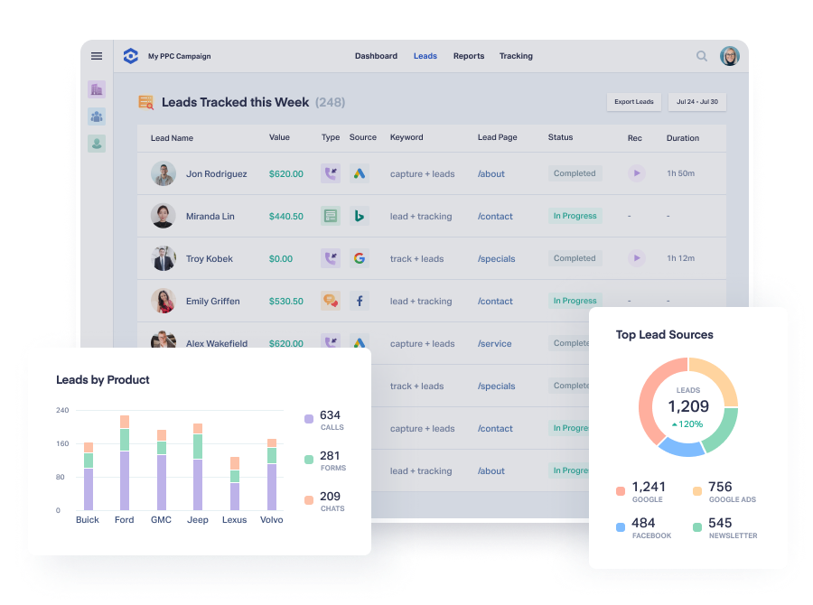 Hook Agency dashboard: Weekly leads listed by name, source, status, value; product data cards; pie chart of top SEO lead sources.