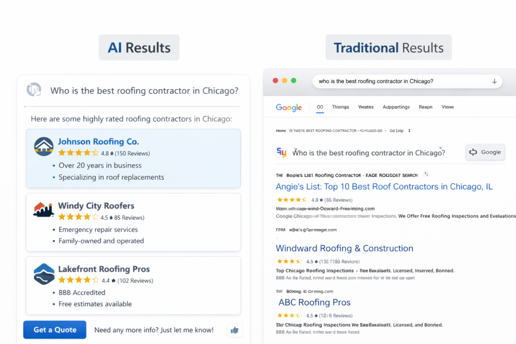 Side-by-side view: Hook Agency’s AI card list versus Google’s results for “best roofing contractor in Chicago” marketing insights.