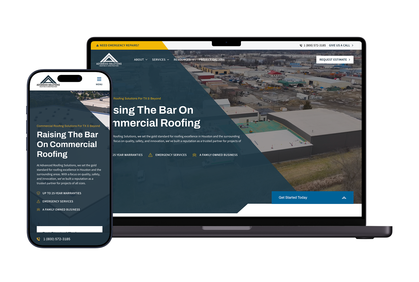 Laptop and smartphone screens show Hook Agency’s roofing client site with aerial building view, menus, contacts, and clear headline.