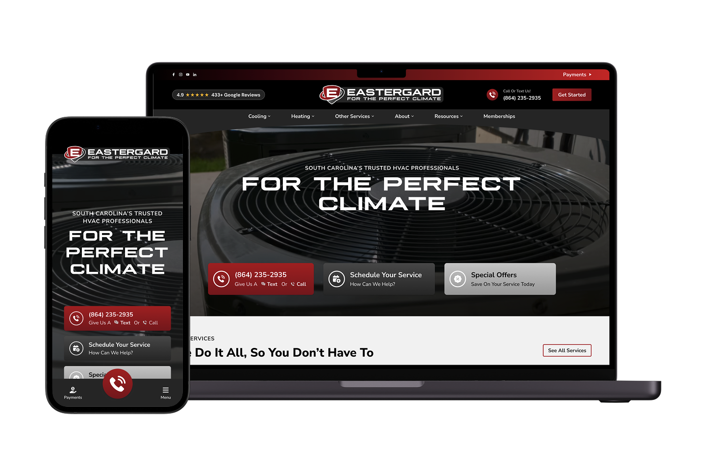 Smartphone and laptop show Eastergard HVAC site with AC unit image, call or schedule buttons, special offers, and installation gallery.