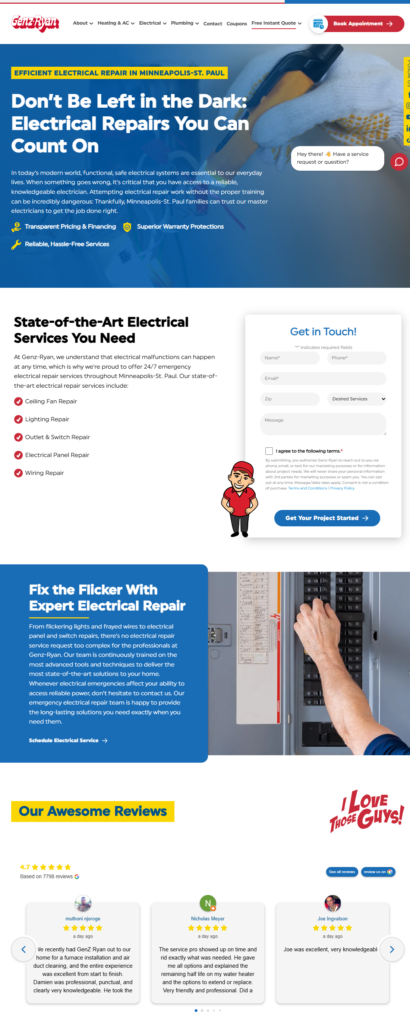 Hook Agency electrician services site screenshot with strong repair header, contractor contact form, key services, reviews, and circuit breaker image.