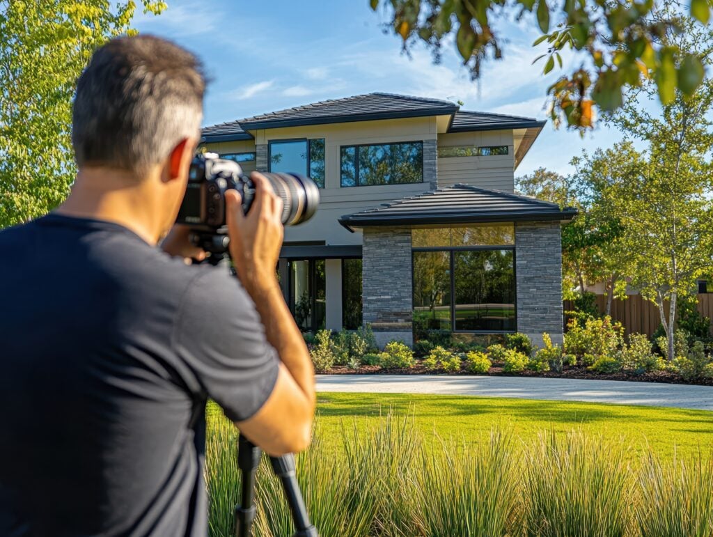 Man with short dark hair photographs a modern house for Instagram, demonstrating hardscaping companies’ online marketing strategies.