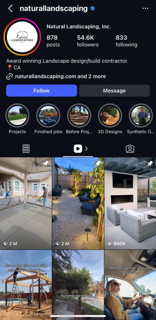 Instagram profile for @naturallandscaping, a landscaping firm with 54.6K followers. Highlights and videos display their standout projects.