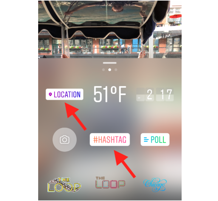 Instagram Story interface on a smartphone, red arrows highlight Location, Hashtag, and Poll stickers. Temp: 51°F. Buildings visible.