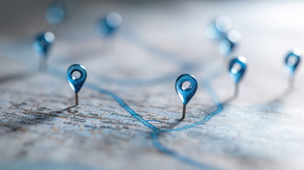 Map close-up with blue pins and lines highlighting target locations in a planned route, visually emphasizing network strategy.
