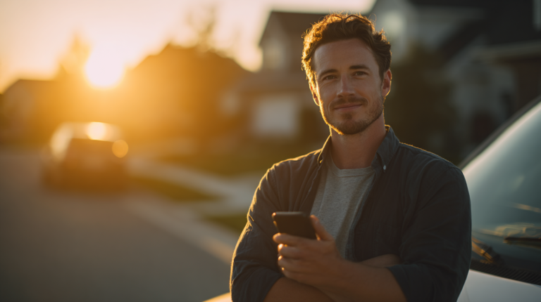 Man outdoors at sunset checking PPC results on smartphone; wears dark shirt, gray tee. Houses, car blurred in warm background.