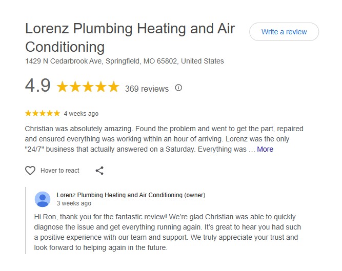 Lorenz Plumbing Heating and Air: 4.9 stars from 369 reviews. Christian praised for excellent service; owner responds promptly.