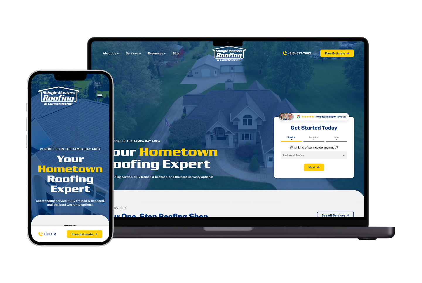 Smartphone and laptop show Hook Agency roofing homepage: gray-roofed house, logo, nav menu, “Get Started Today” form, bold colors.