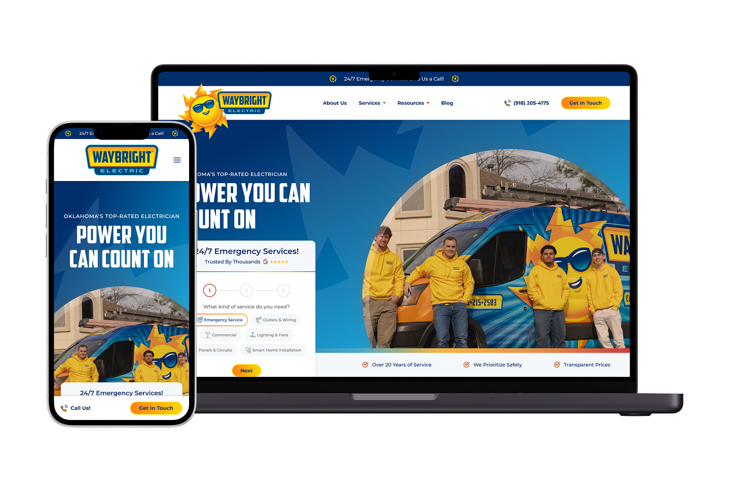 Waybright Electric’s website on phone and laptop shows three in yellow hoodies by a branded van, with “POWER YOU CAN COUNT ON.”.