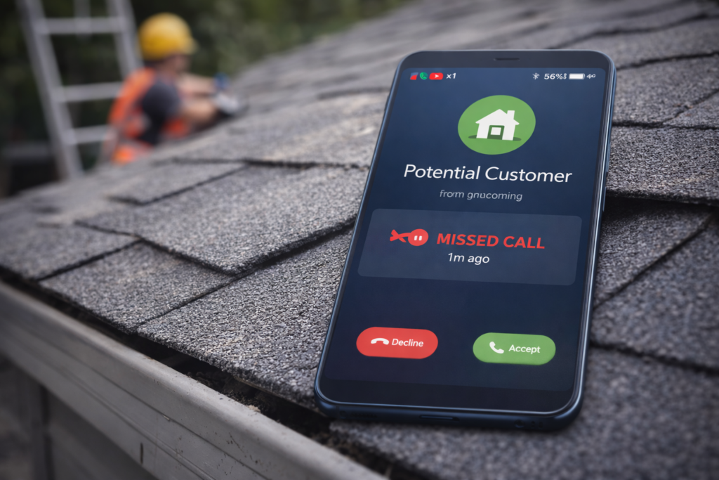Smartphone displaying Missed Call Worth from a lead on a shingled roof; construction worker blurred in background.