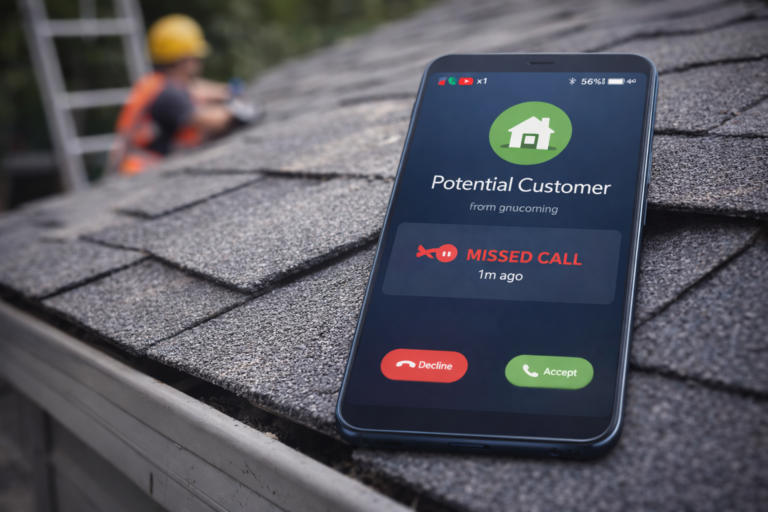 Smartphone displaying Missed Call Worth from a lead on a shingled roof; construction worker blurred in background.