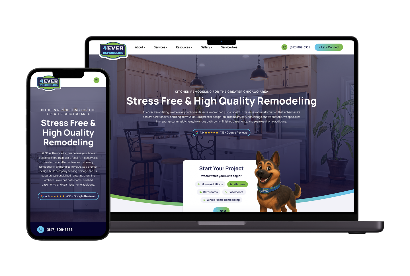 Smartphone and laptop show 4EVER Remodeling’s homepage with kitchen backdrop, bold remodeling message, cartoon dog, menus, and contact links.