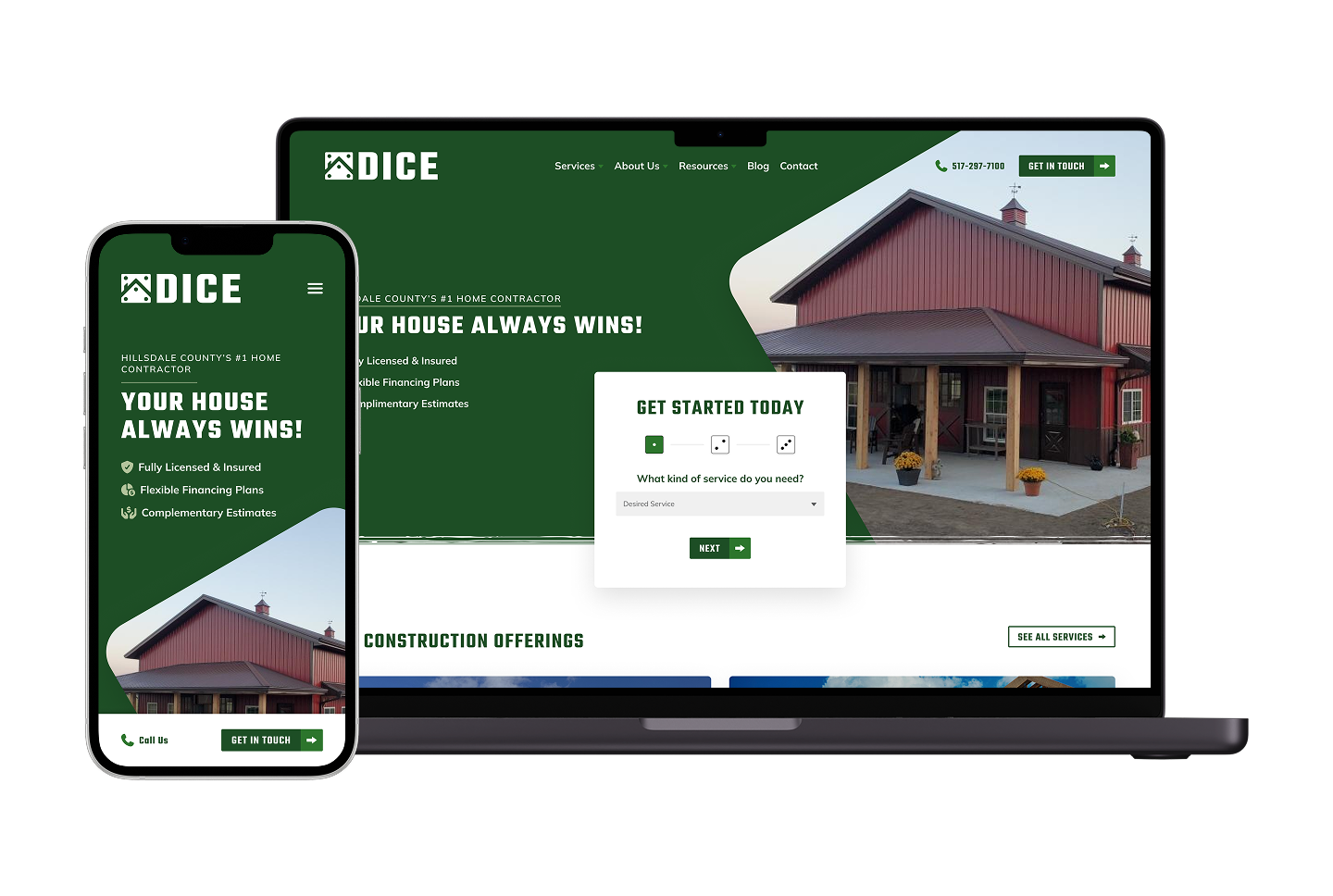 Smartphone and laptop show Hook Agency contractor site: red building, green header, services, menu, and a ‘Get Started Today’ form.