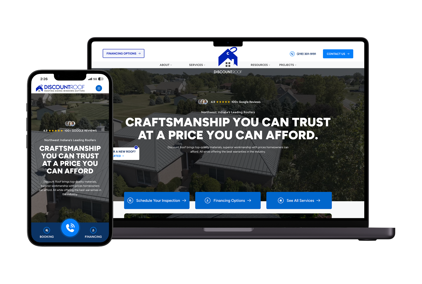 Smartphone and laptop show Hook Agency's roofing site: lookbook, aerial homes, slogan, and blue navigation and service buttons.