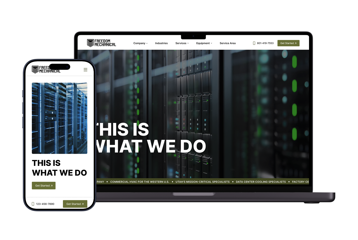 Smartphone and laptop on Hook Agency's site show Freedom Mechanical’s site with data center servers and “THIS IS WHAT WE DO.”.