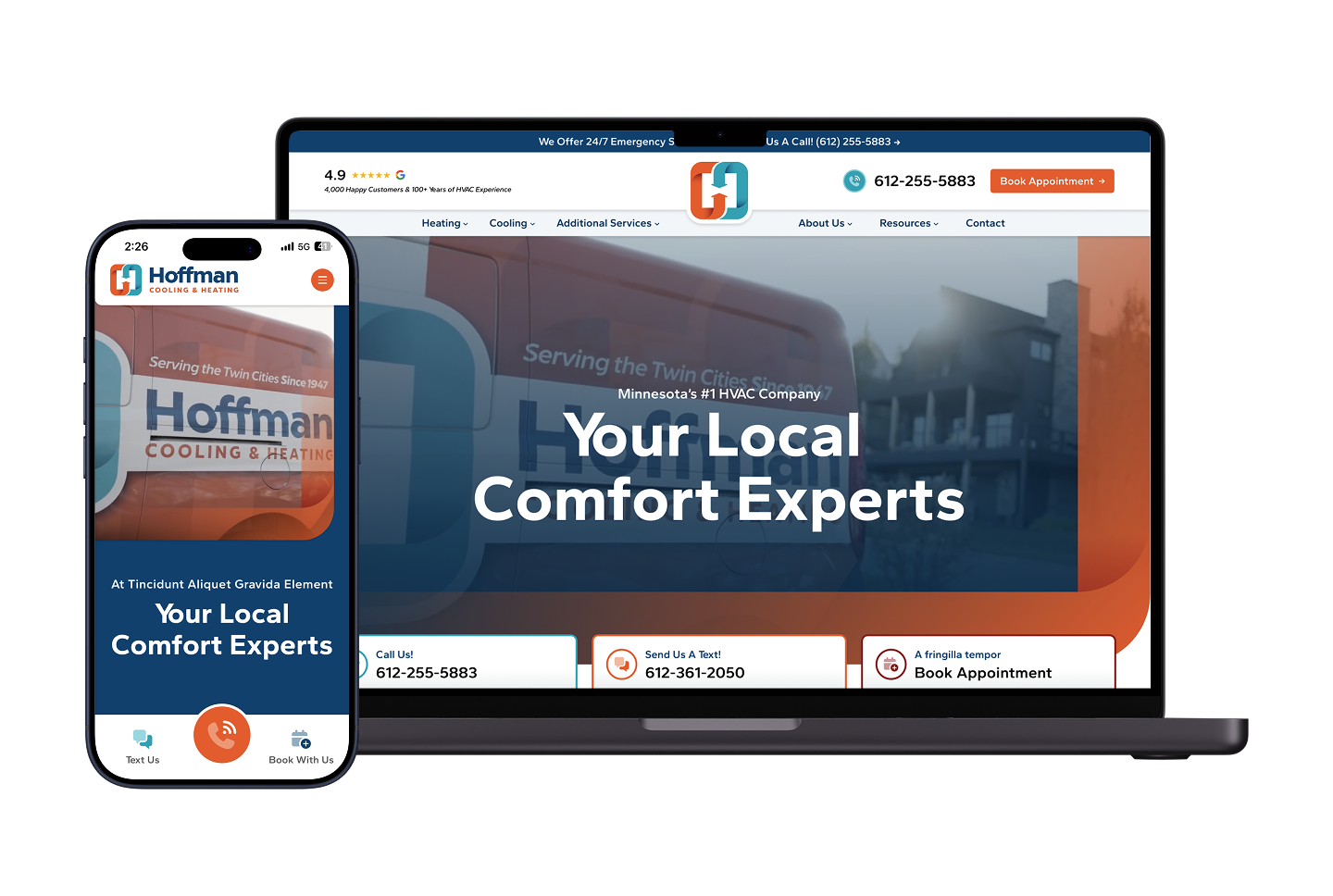 Smartphone and laptop show Hoffman Cooling & Heating site: service lookbook, "Your Local Comfort Experts," book or call options.