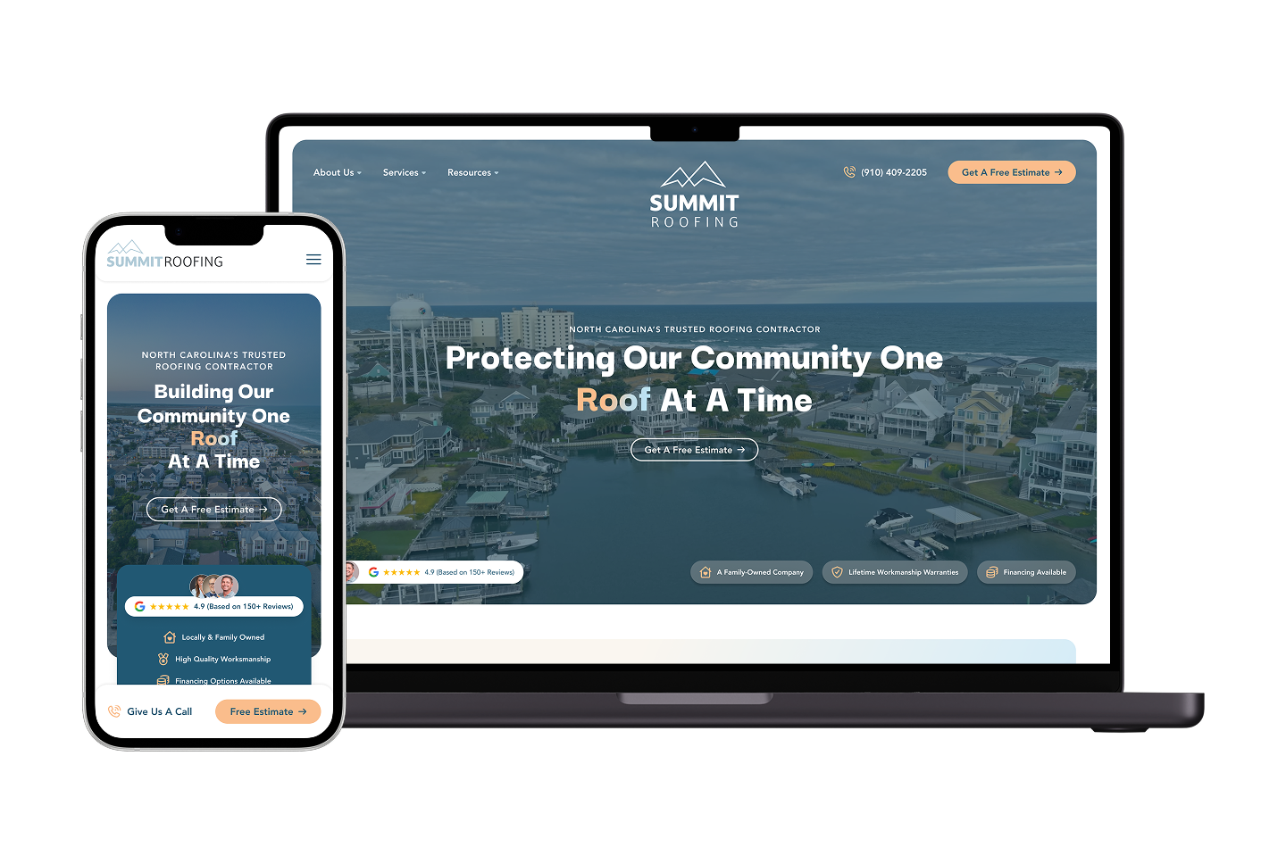 Smartphone and laptop show Summit Roofing’s site: marina backdrop, logo, menu, and bold headline—project showcase for Hook Agency.