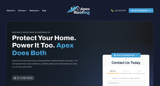 Screenshot of Apex Roofing's homepage with blue/black colors, logo, menu, tagline, and lead-focused contact form—proven conversion tool.