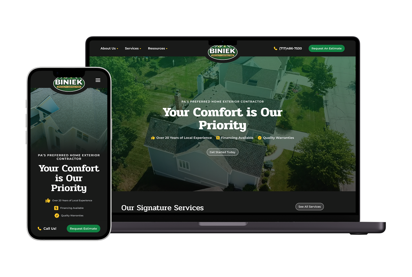 Smartphone and laptop show Biniek Specialty Contractors’ site: home exterior, project lookbook, tagline, and “Request Estimate” buttons.