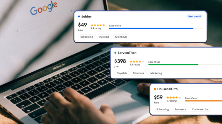 Person on a MacBook with Google open; overlay compares Jobber, ServiceTitan, and Housecall Pro CRMs by price, rating, features.