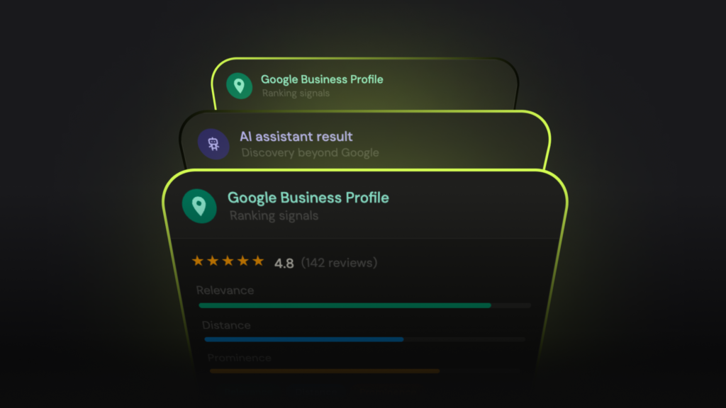 Three digital cards compare Google Business Profile and AI assistant search rankings for home services on a dark gradient background.