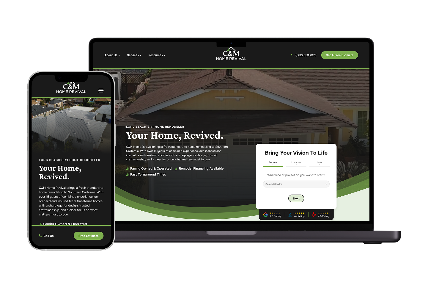 A laptop and smartphone showcase Hook Agency’s home remodeling website, featuring a prominent roof image, company logo, contact information, and “Free Estimate” buttons. The site clearly presents service offerings, an inspiring design lookbook, and an actionable form for homeowners to request a personalized estimate.