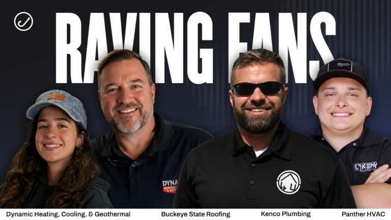 Four individuals representing Dynamic Heating, Buckeye State Roofing, Kenco Plumbing, and Panther HVAC stand smiling in front of a prominent "RAVING FANS" sign, wearing their respective branded shirts and hats.