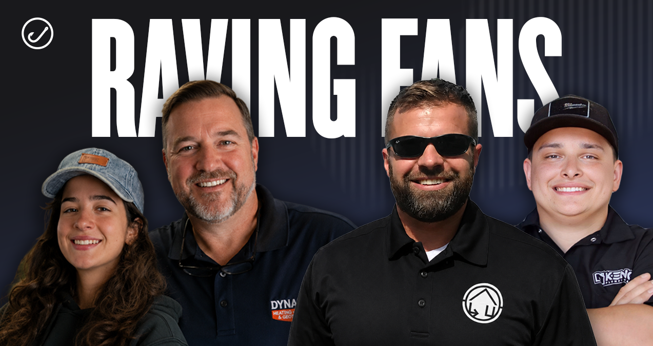 Four enthusiastic individuals, all in Hook Agency branded shirts, stand before a dark backdrop featuring bold white “RAVING FANS” text. Two wear hats, one wears sunglasses—demonstrating the authentic satisfaction reflected in Hook Agency client reviews.