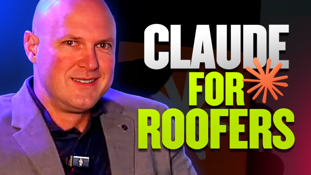 A smiling bald man in a suit jacket stands before the text "CLAUDE FOR ROOFERS," with a starburst symbol as the "O" in "FOR." This image on Hook Agency's website emphasizes Claude AI’s capability to boost roofing businesses.