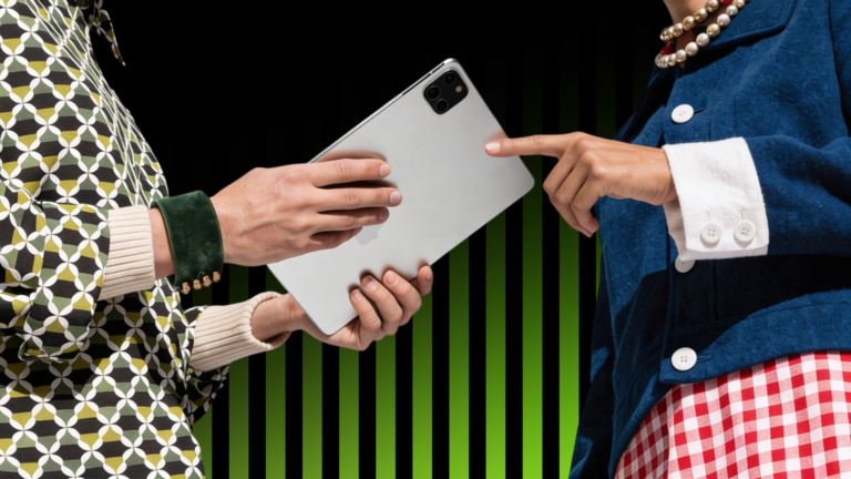 Two people from the neck down research contractors on a silver tablet, set against black with green stripes—Hook Agency site.