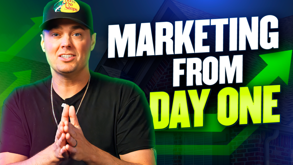 A person in a black shirt and cap stands before a house, with bold "MARKETING FROM DAY ONE" text and green arrows behind them, emphasizing Hook Agency’s actionable approach to effective roofing company marketing from the outset.