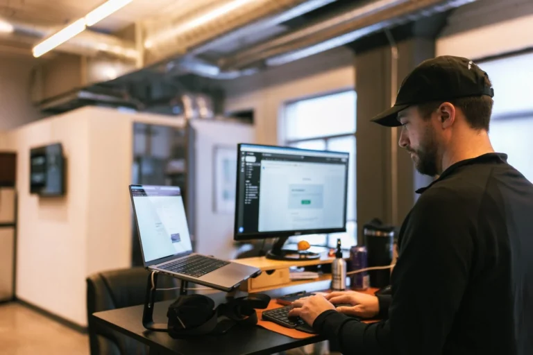 A team member at Hook Agency stands at a modern desk, using a laptop and external monitor to optimize Meta ads, with organized office essentials visible.