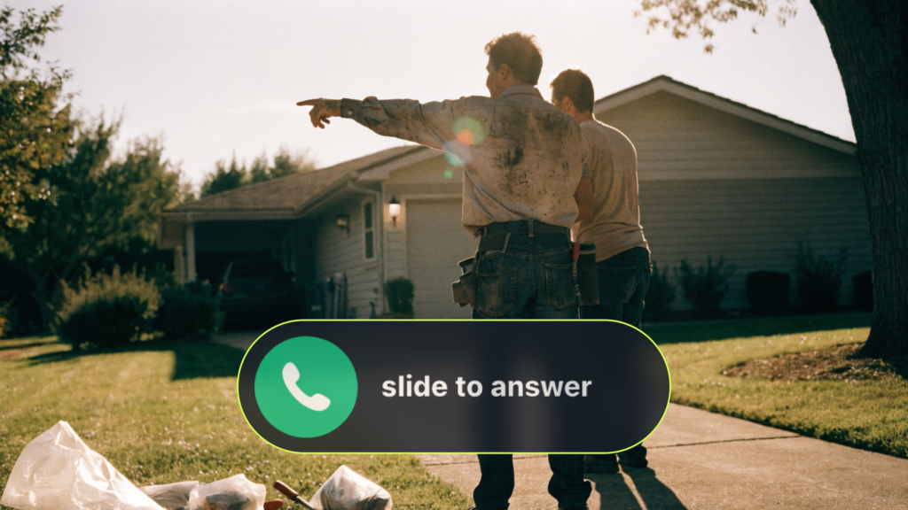 Two people stand in front of a house, with one pointing to the yard to discuss potential improvements. A phone call screen featuring a green "slide to answer" prompt appears over the image, highlighting an incoming call about plumbing follow-up—reinforcing Hook Agency’s commitment to responsive communication and project planning.