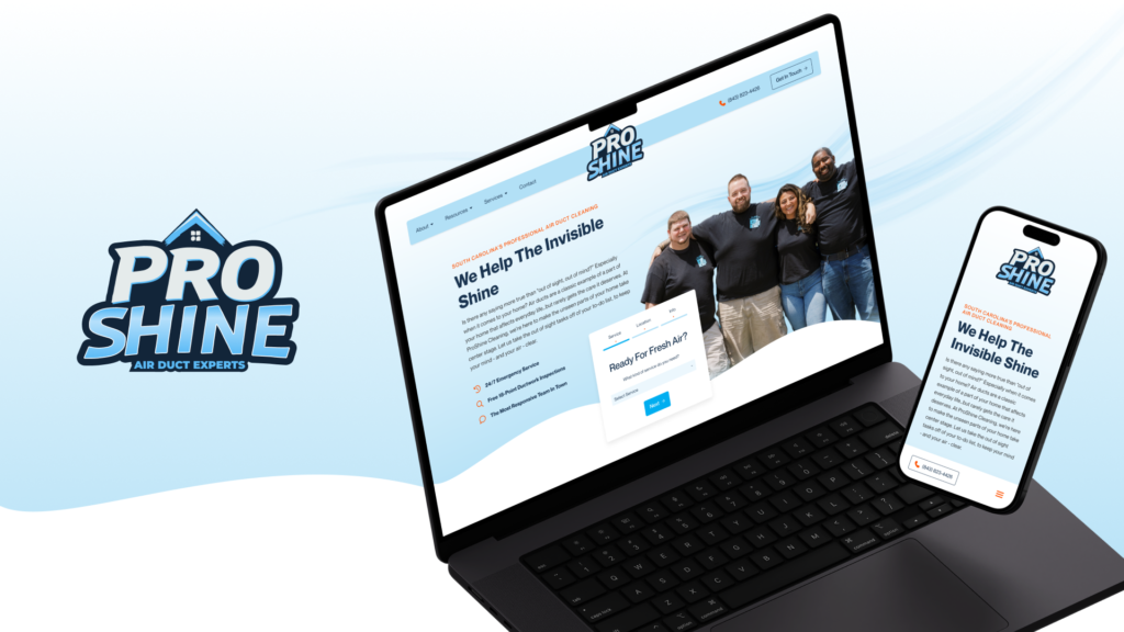 A laptop and smartphone showcase the Pro Shine Air Duct Experts website beside the Pro Shine logo. The site features a team photo and the phrase “We Help The Invisible Shine,” emphasizing their proven air duct expertise, as displayed on Hook Agency’s website.