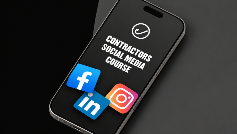 A smartphone on a black background shows "Contractors Social Media Course" alongside Facebook, LinkedIn, and Instagram icons, emphasizing key social media marketing strategies for contractors—featured on Hook Agency's website.