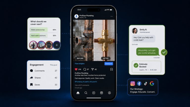 A smartphone showcases a plumbing business’s social media post to demonstrate proven engagement tactics. Surrounding elements include clear engagement statistics, an interactive poll, a customer estimate chat, and recognizable icons for Facebook, Instagram, and Google—all set against a dark blue background.